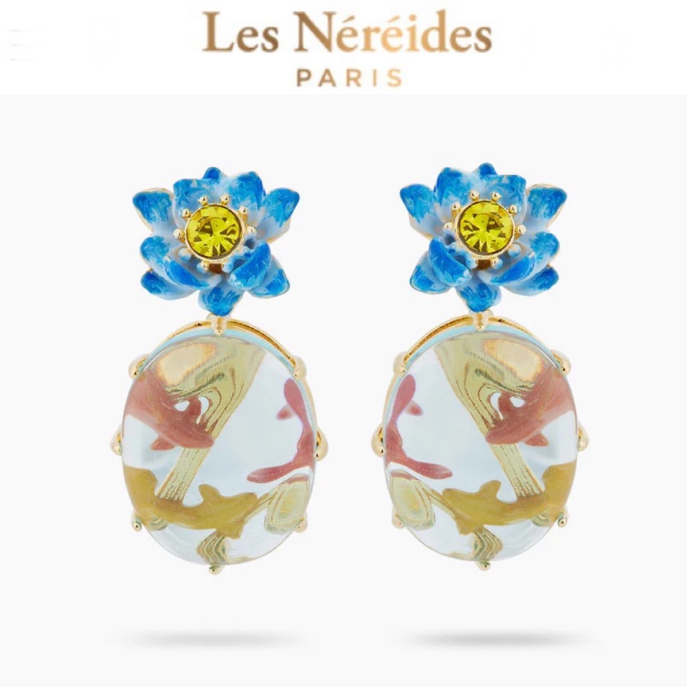 LES NEREIDES Blue Lotus, Glass Oval & Koi Fish POST EARRINGS!